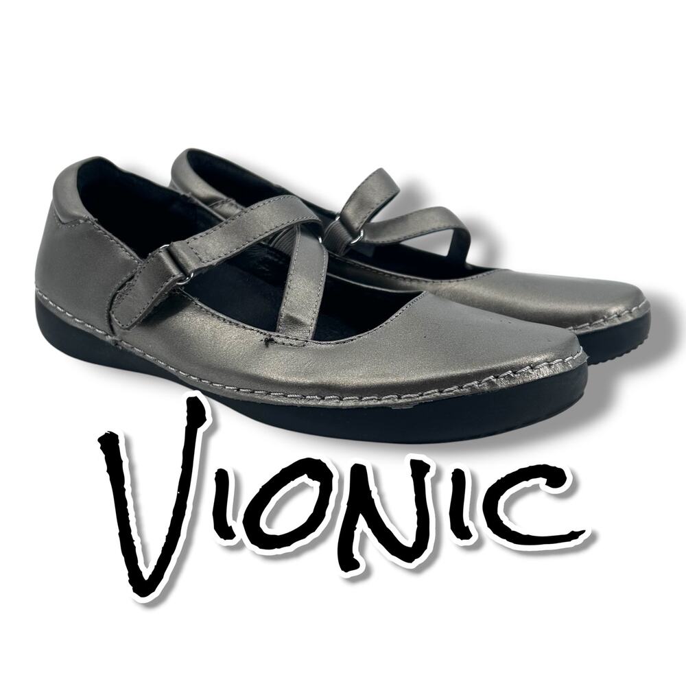 Vionic Judith Mary Jane Flats 7 M Pewter Metallic Leather Orthaheel Comfort